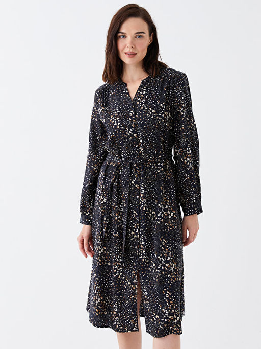 Ka??k Yaka Desenli Uzun Kollu Kad?n G?mlek Elbise