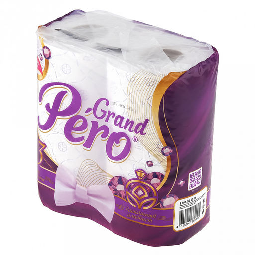 Туалетная бумага 3-х слойная "GrandPero", 4 рулона в упаковке, "Роскошный аметист", целлюлоза 17г/м2, 15,5м/рулон, 116 листов 14х9,5см, белый с цветным прокрасом (Россия)