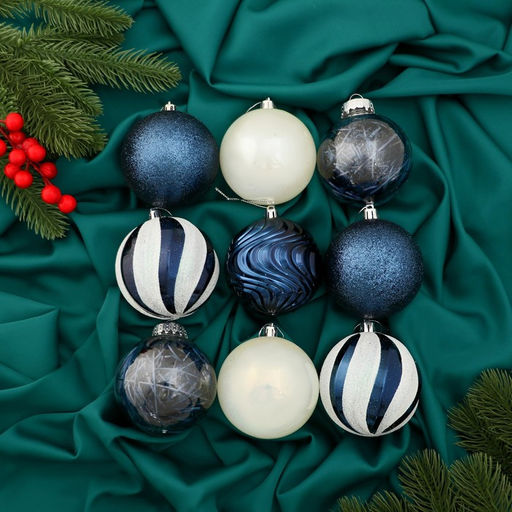 Ёлочные игрушки Мелодия, шары новогодние, d=8 см, набор 9 шт., полосы, бело-синий - Зимнее волшебство фото 3