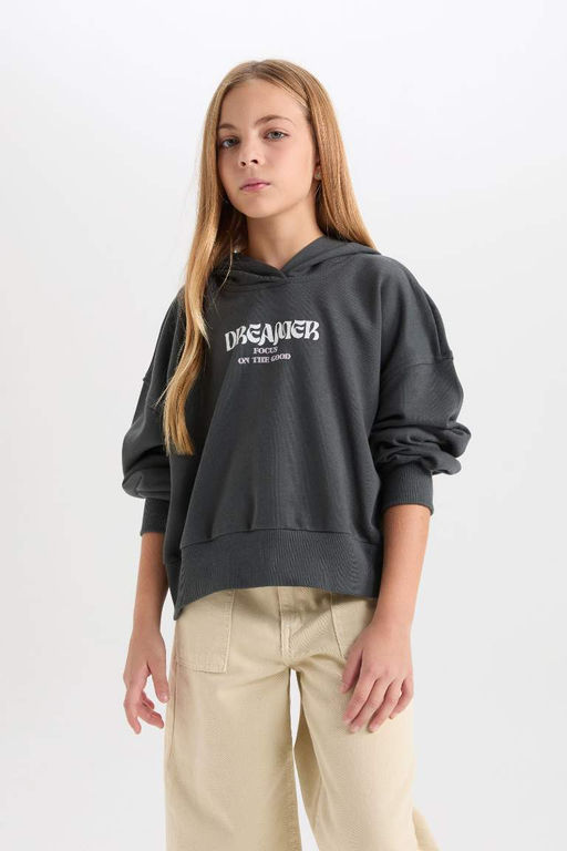 Толстовка оверсайз с капюшоном и принтом для девочек - Defacto фото 4