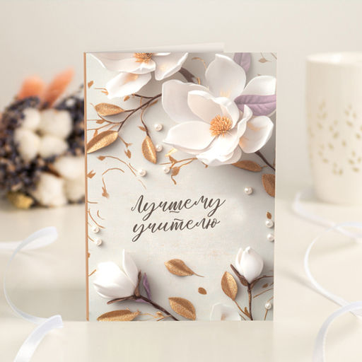 Открытка 4 шоколадки "Лучшему учителю" (бежевая с цветами)
