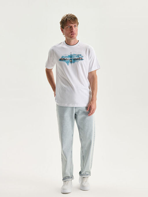 Bisiklet Yaka K?sa Kollu Bask?l? Penye Erkek Ti??rt