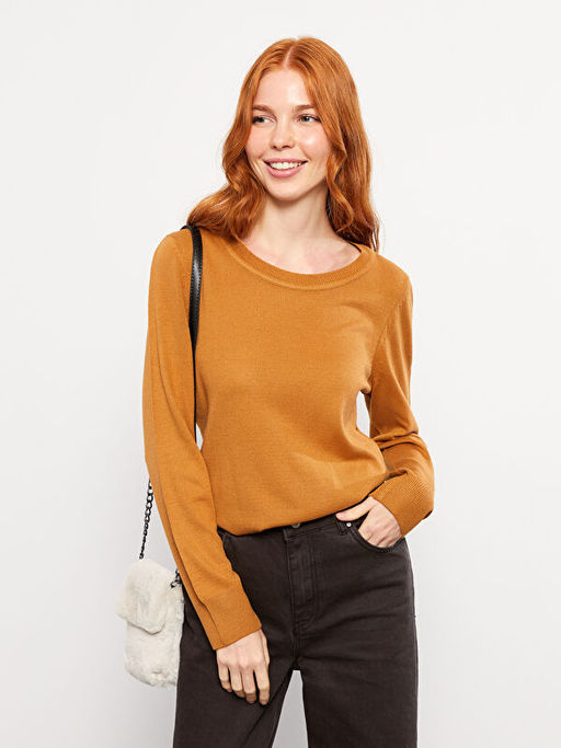 Bisiklet Yaka D?z Uzun Kollu Kad?n Triko Kazak