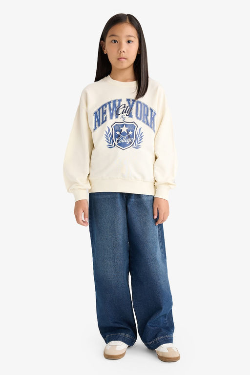 Relax Fit Bisiklet Yaka Bask_l_ Sweatshirt K_z _ocuk - Defacto фото 2