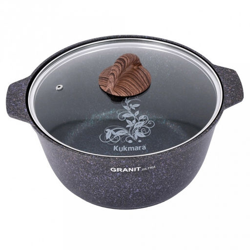 Кастрюля с антипригарным покрытием 5л, д28см "Granit Ultra", h12см, толщина дна 0,6см, стеклянная жаропрочная крышка, цельнолитая ручка из термостойкого пластика, голубой гранит, "Kukmara" (Россия) - можно использовать металлические кухонные принадле