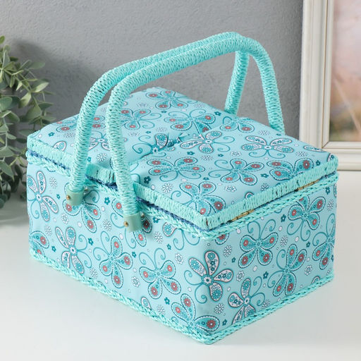 Шкатулка для рукоделия и шитья Бабочки и цветочки на голубом, хранение ниток, иголок, мелочи, 19?26?14.5 см