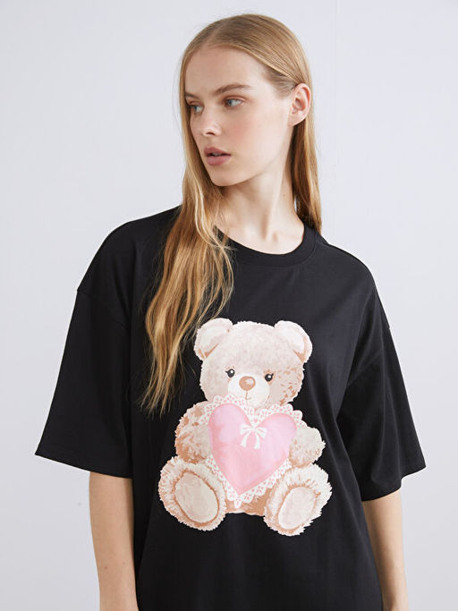 Bisiklet Yaka Ay? Teddy Bask?l? Kad?n Gecelik