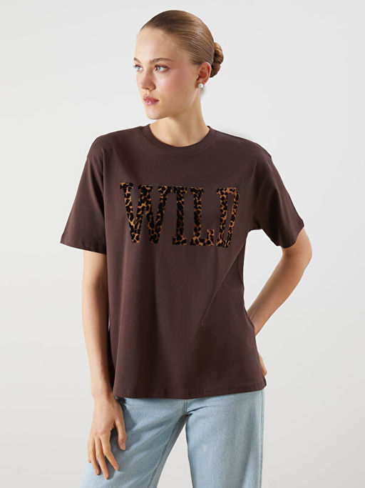 Bisiklet Yaka Bask?l? Oversize Kad?n Ti??rt