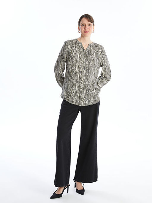 Ka??k Yaka Desenli Uzun Kollu Kad?n Bluz