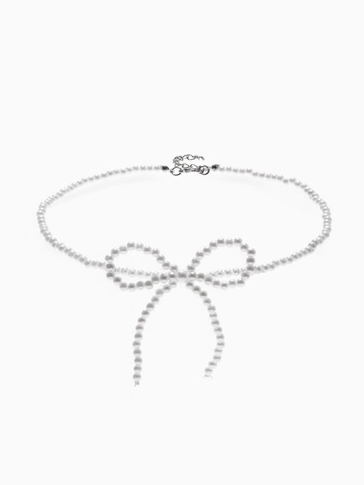 Набор 2 предмета: серьги, колье Жемчуг бантик, белый в серебре, 35 см