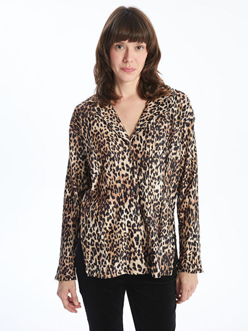 G?mlek Yaka Leopar Desenli Kad?n Bluz