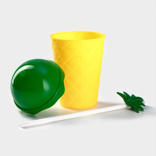 Цена за 12 шт. Стакан пластиковый с трубочкой и крышкой Доляна Ананас, 450 мл, жёлтый  фото 4