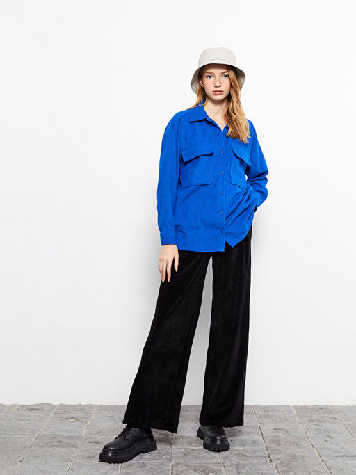 D?z Uzun Kollu Kadife Oversize Kad?n G?mlek Ceket