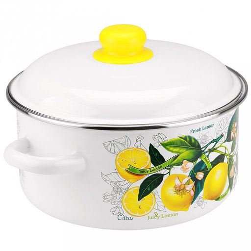 "Лимоны в цвету" Кастрюля эмалированная 4л, д22см, h13см, цилиндрическая форма, металлическая крышка, белый (Россия)