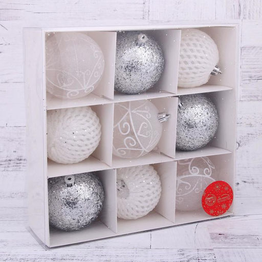 Ёлочные игрушки Изморозь, шары новогодние, d=8 см, набор 9 шт., сетка, белый/серебро - Зимнее волшебство фото 3