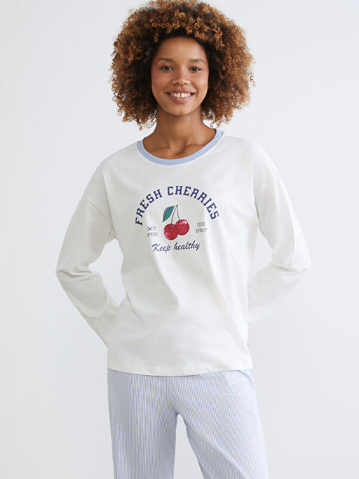 Bisiklet Yaka Kiraz Bask?l? Kad?n Pijama Tak?m?