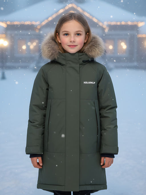 Парка зимняя подростковая для девочки с капюшоном и мехом темно-зеленого цвета 9536TZ