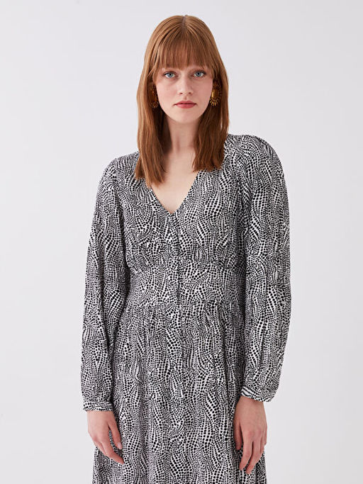 V Yaka Desenli Uzun Kollu Elbise