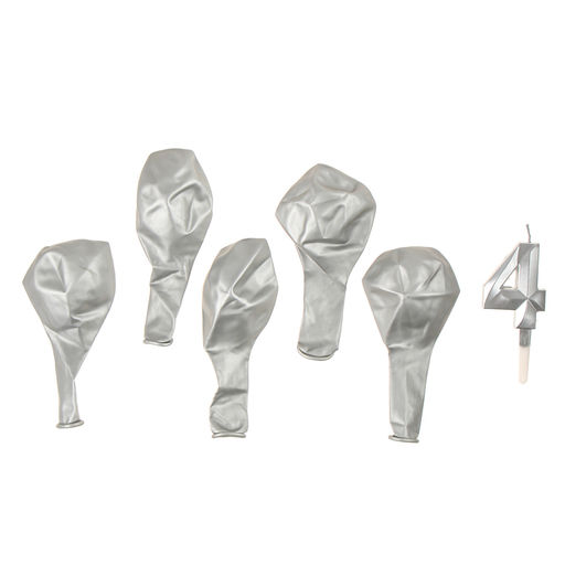 Свеча для торта, цифра 4 + воздушные шары, 5 шт, серебро - Страна карнавалия фото 3