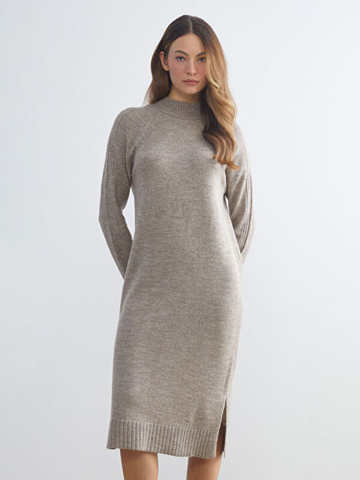 Yar?m Bal?k?? Yaka Y?rtma?l? Triko Elbise