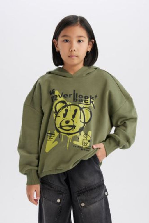 K?z Cocuk Oversize Genis Kal?p Kapusonlu Bask?l? Sweatshirt