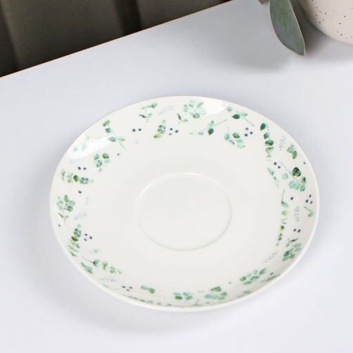 Чайная пара Доляна «Эвкалипт», 2 предмета: чашка 280 мл, блюдце d=15 см, фарфор, белая