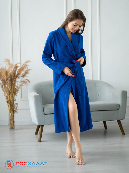 Женский махровый халат с шалькой синий МЗ-02 (89)