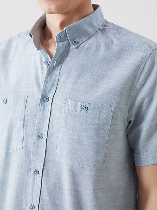 Regular Fit K?sa Kollu Keten G?r?n?ml? Erkek G?mlek