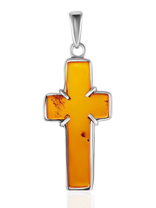 Крупный удлинённый крест из цельного коньячного янтаря