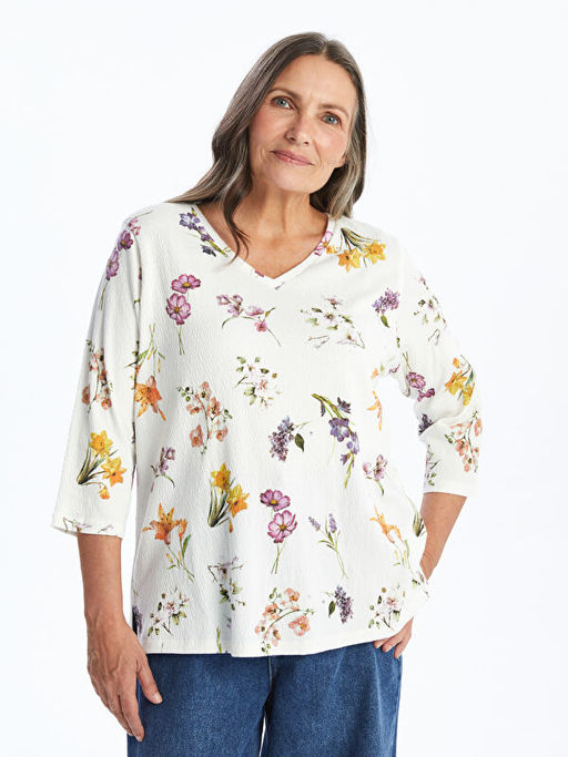 V Yaka Desenli Kad?n Bluz