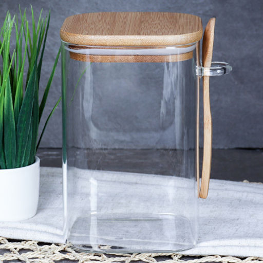 Банка квадратная бамбуковая крышка с ложкой d-100/150 950 мл / LCKW2918 /уп 48/ - Галеонтрейд фото 5