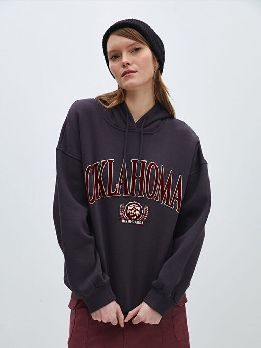 Bask?l? Uzun Kollu Oversize Kad?n Hoodie