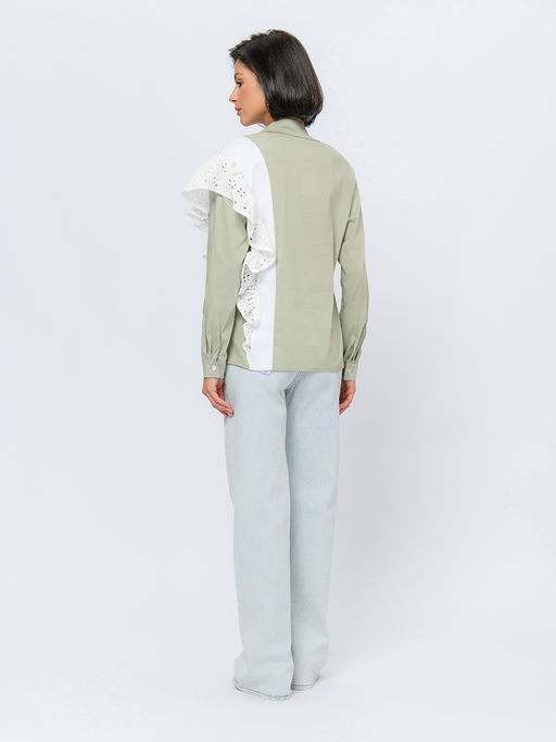 Рубашка фисташкового цвета с воланом и длинными рукавами - 1001dress фото 4