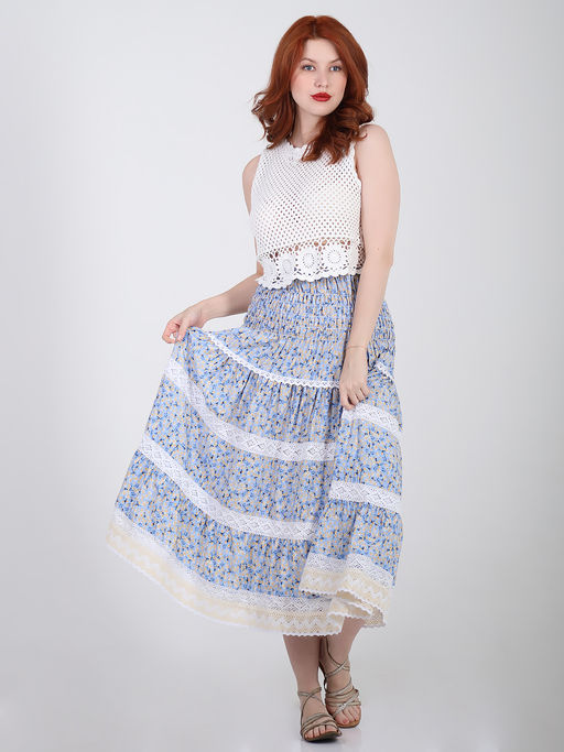 Юбка с мелким цветочным принтом летняя с кружевом - Almond фото 3