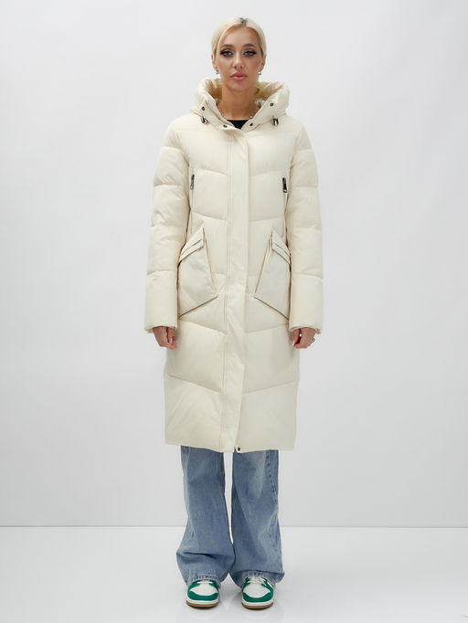 Пальто утепленное стеганное зимнее с капюшоном женское бежевого цвета 9639B - Mtforce фото 8