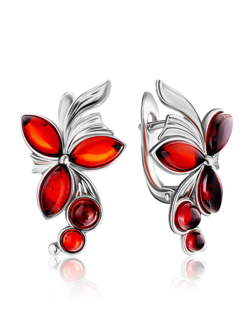 Нарядные серьги с вставками из натурального вишневого янтаря Орхидея