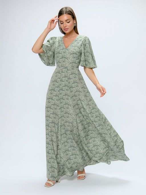 Платье оливкового цвета с принтом длины макси с глубоким вырезом - 1001dress фото 2