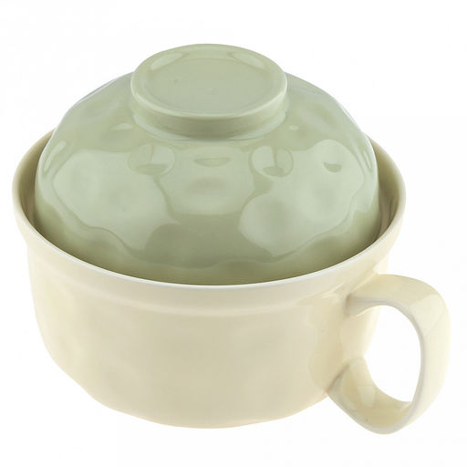 Бульонница керамическая "Семейная" 0,7л, д15,3см, h8,3см, с ручкой, с крышкой - светло-зеленый, общая h13см, рифленый борт, форма "мисосупница", светло-желтый, в коробке (Китай)