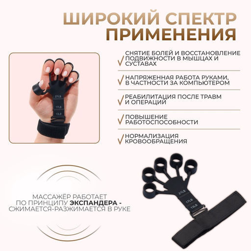 Массажёр для разработки рук и пальцев, с манжетом, 8×14×2.8 см, чёрный