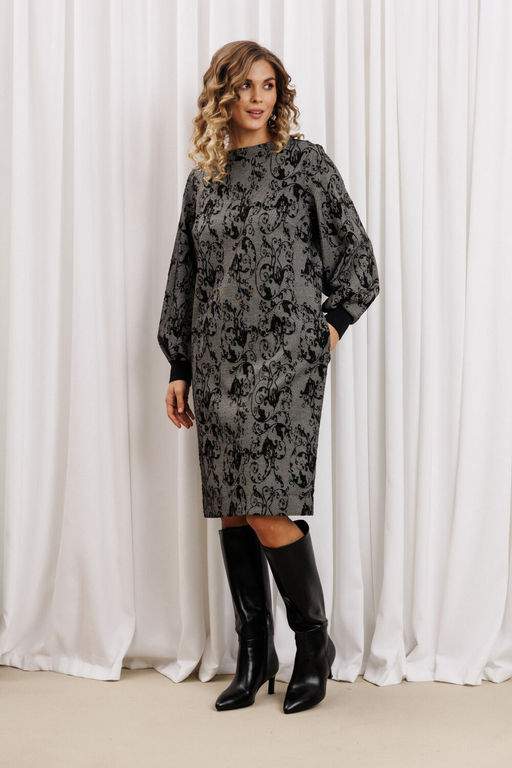 Платье Gizart 7385/1 серо-черный с цветами