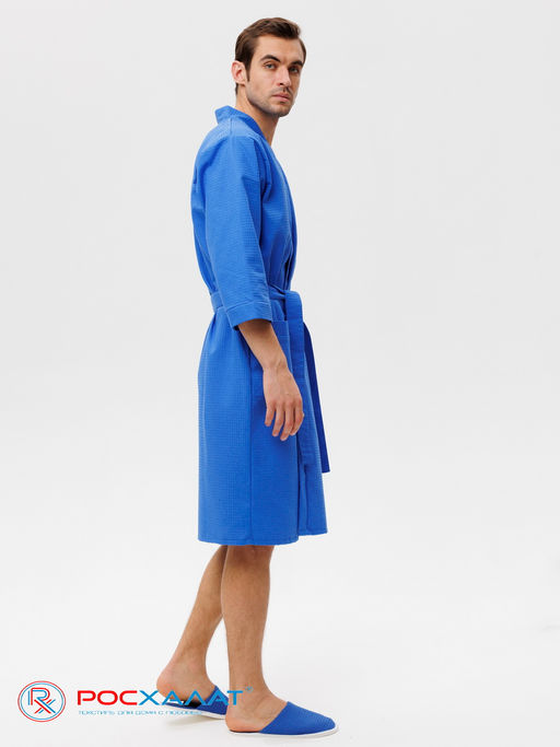 Мужской укороченный вафельный халат с планкой синий В-05 (16)