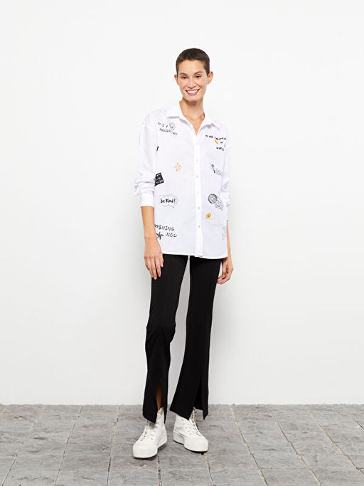 ?nden D??me Kapamal? Bask?l? Uzun Kollu Poplin Kad?n G?mlek