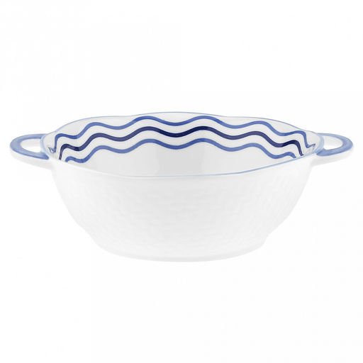 "Синий полосатик" Салатник фарфоровый 1,15л, д19,7см, h7,2см, 2 ручки (длина 23,7см), волнистый край, отводка, борт "плетенкка", белый (Китай)