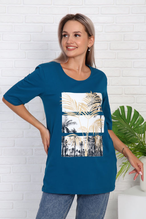 Футболка удлиненная с рисунком листья пальмы, Арт. 786