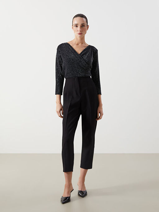 Kruvaze Yaka Parlak G?r?n?ml? Bluz