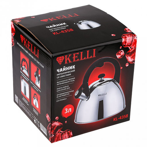 Чайник из нержавеющей стали Kelli 3л, со свистком, многослойное теплоемкое капсульное дно, зеркальная полировка, эргономичная ручка не нагревается Eco Friendly, удобное открытие крышки носика (Китай) Подходит для всех видов плит, включая индукцио - Домашняя мода фото 2