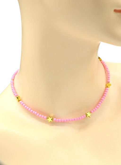 Чокер из бисера "Звезды" шарик 3мм цв.розовый, 39см