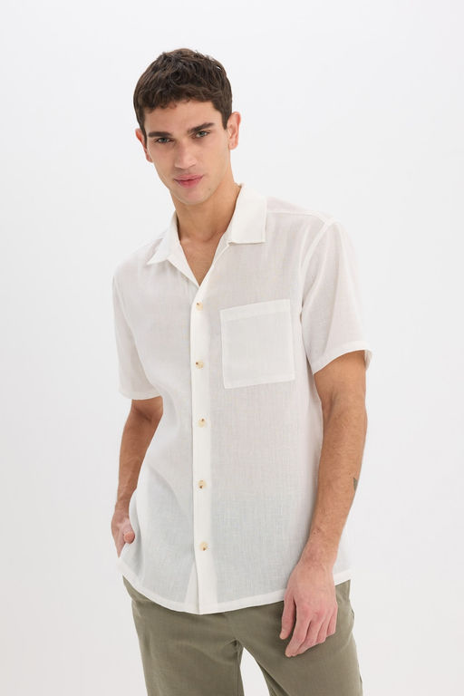 Relax Fit Polo Yaka Keten G_r_n_ml_ Yazl_k K_sa Kollu Beyaz G_mlek - Defacto фото 4