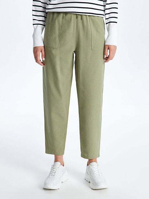 Beli Lastikli D?z Keten Kar???ml? Kad?n Pantolon