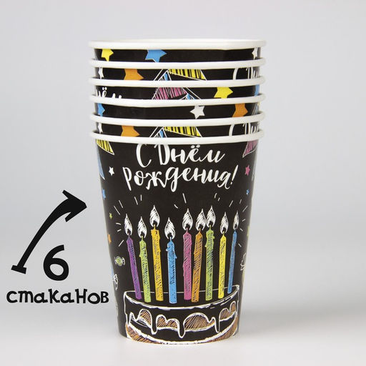 Посуда одноразовая бумажная «С днём рождения», 6 тарелок, 1 гирлянда, 6 стаканов, 6 колпаков